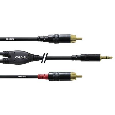 Ein Kabel mit einem schwarzen Adapter verbindet zwei Cinch-Stecker (rot und schwarz) mit einem 3,5 mm Stereo-Klinkenstecker.