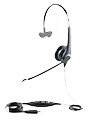 Ein schwarzes Headset mit Mikrofon, geeignet für Telefon- und Computerverbindungen, liegt auf einer weißen Fläche.