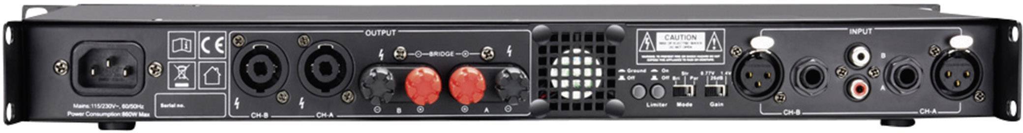 Rückansicht eines Audioverstärkers mit verschiedenen Ein- und Ausgängen, darunter XLR, RCA und Lautsprecherklemmen.