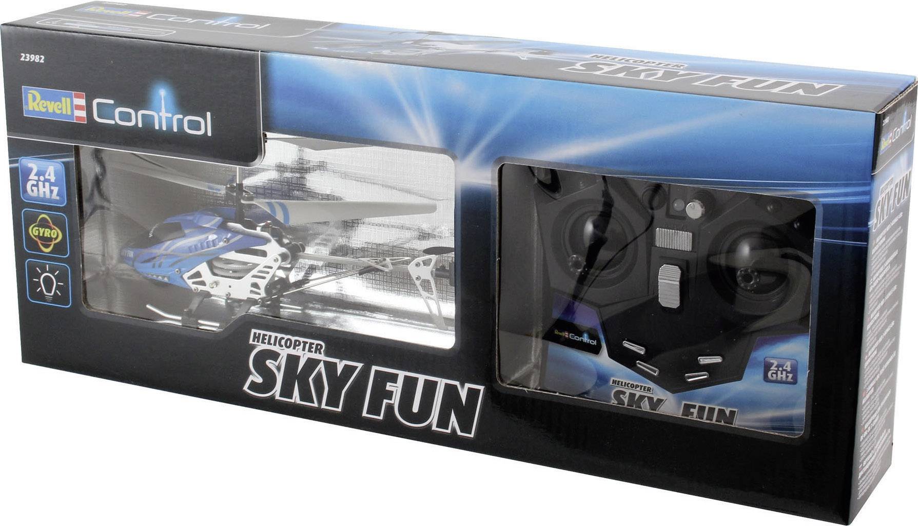 Verpackung eines ferngesteuerten Hubschraubers mit Steuerung. Markenname 'Revell Control', Modellname 'Helicopter Sky Fun', 2,4 GHz.
