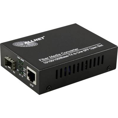 Schwarzer Glasfaser-Medienkonverter mit Anschlüssen und Statusanzeigen auf der Vorderseite, Markenlogo oben links.