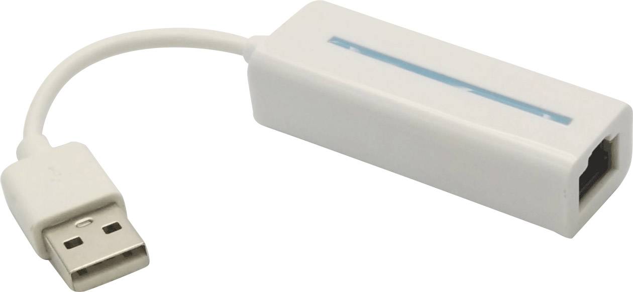 USB-zu-Ethernet-Adapter, weiß, mit kurzem Verbindungskabel.