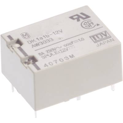 'DK1a1b-12V' Relais mit TÜV- und UL-Zeichen, zeigt elektrische Spezifikationen, einschließlich '250V', '3A', und 'JAPAN'.
