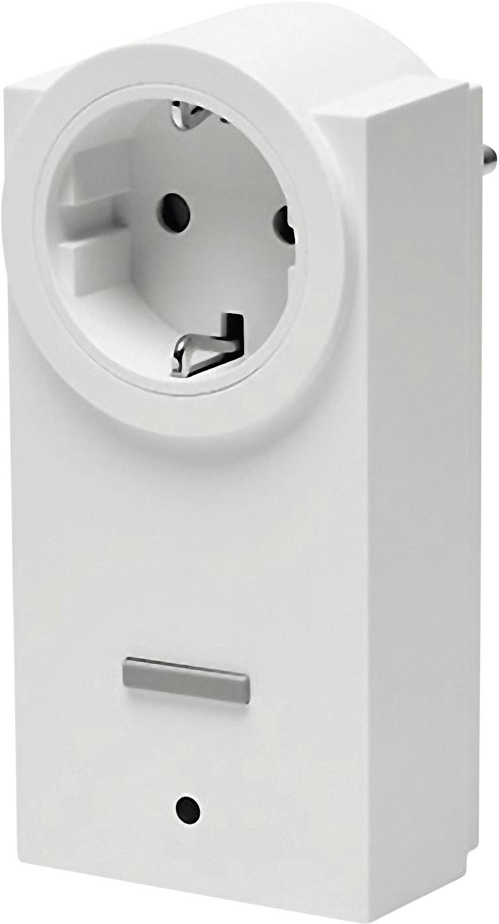 Weißer Steckdosenadapter mit Schutzkontaktbuchse und schwarzem Punkt an der Unterseite.