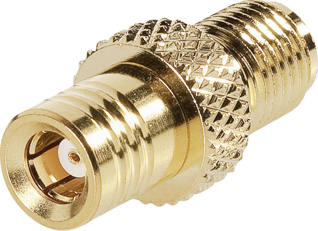 Goldener Koaxialadapter mit geripptem Griff und Gewindeanschluss. Eignet sich zur Verbindung von Kabeln in elektronischen Geräten.