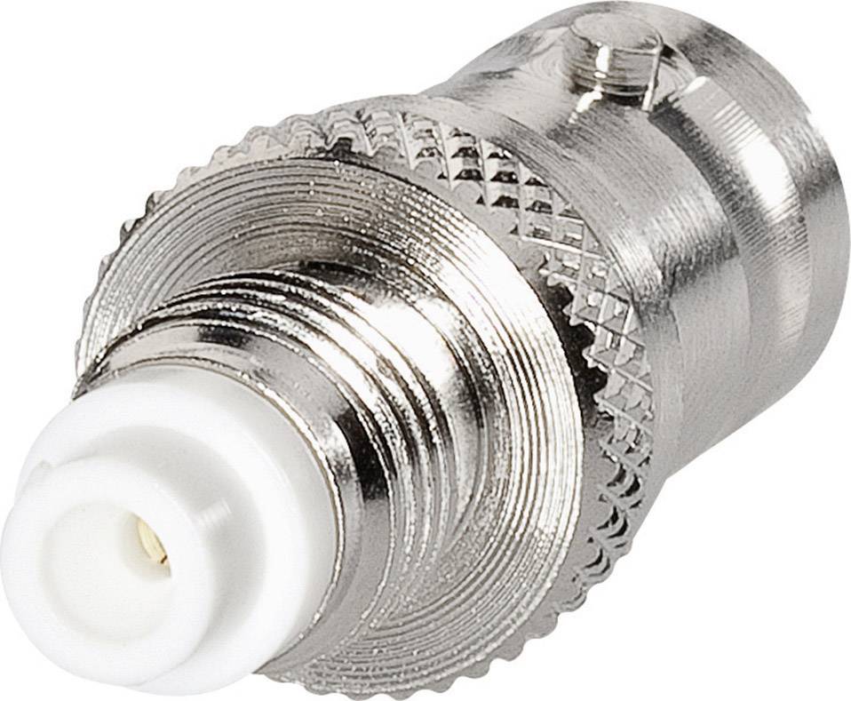 Ein silberner Antennenadapter mit einem weißen Anschluss, häufig verwendet zum Verbinden von Koaxialkabeln für TV- und Radioempfang.