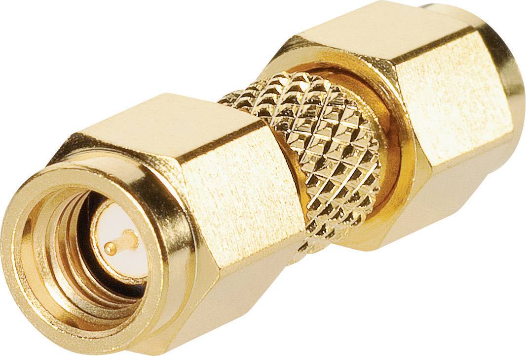 Goldener Koaxialadapter mit Sechskantverschraubungen an beiden Enden, geeignet zur Verbindung von Koaxialkabeln in elektronischen Anwendungen.