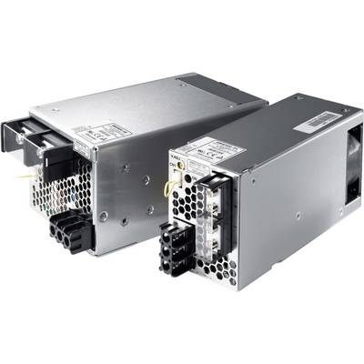 Zwei silberne Netzteile mit Lüftungsschlitzen und Anschlüssen auf ihrer Vorderseite. Sie sind für den Einbau in ein Systemgerät vorgesehen.