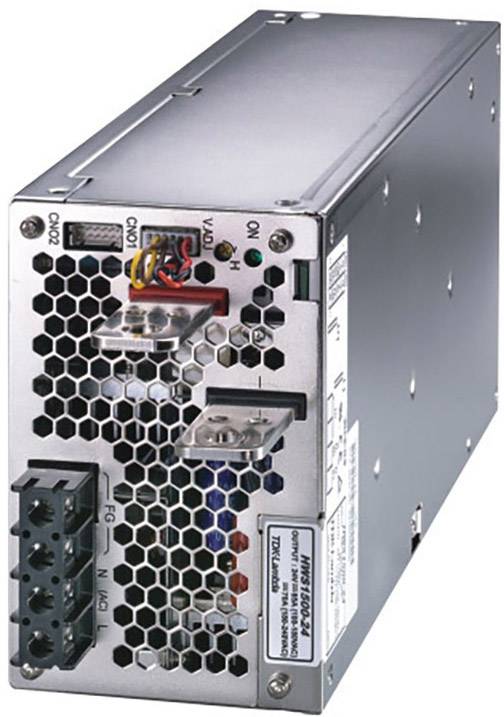 Ein rechteckiges elektronisches Gerät mit Metallgehäuse und Lüftungsschlitzen, das als Netzteil für elektronische Systeme dient.