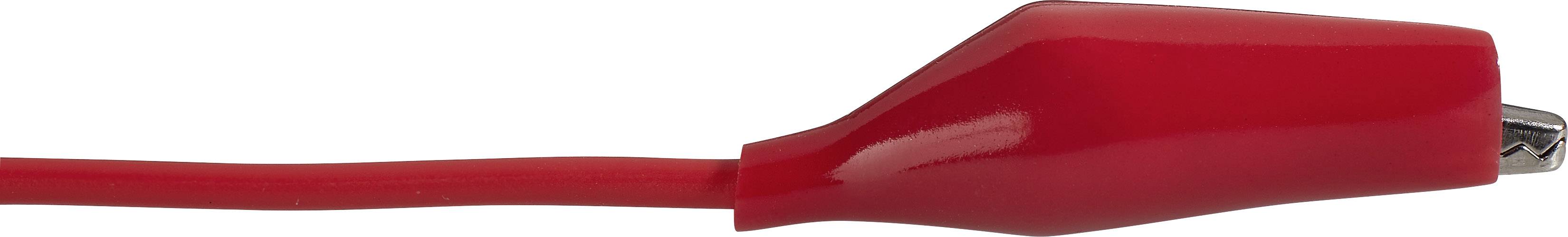 Ein rotes Krokodilkabel, das als elektrischer Leiter verwendet wird, mit einer isolierten Klemme und einem kurzen Drahtstummel.