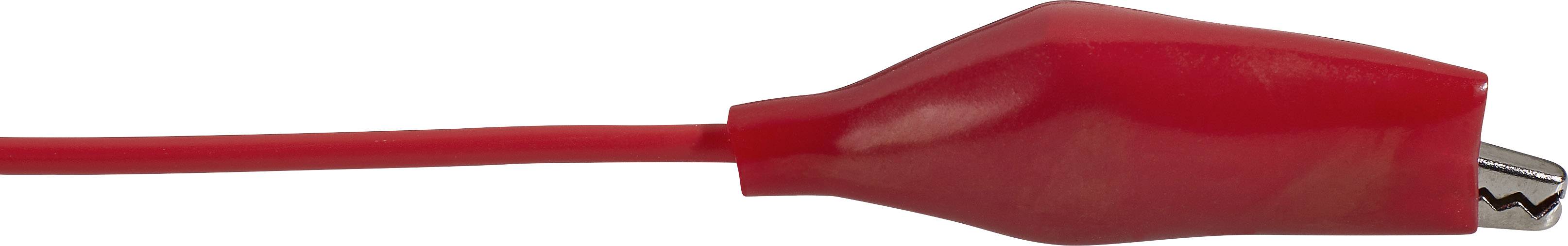 Rotes Krokodilkabel mit sichtbarer Metallklammer, das zum Testen elektrischer Verbindungen verwendet wird.