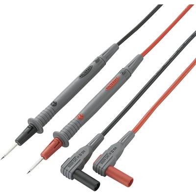 Zwei Prüfspitzen, eine rote und eine schwarze, mit Kabeln zur elektrischen Messung. Die Spitzen weisen aufeinander zu.