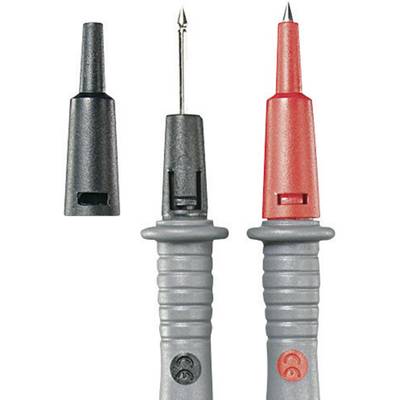 Zwei Messspitzen, eine schwarz, eine rot, mit abnehmbarem Schutz, geeignet für elektrische Messungen.