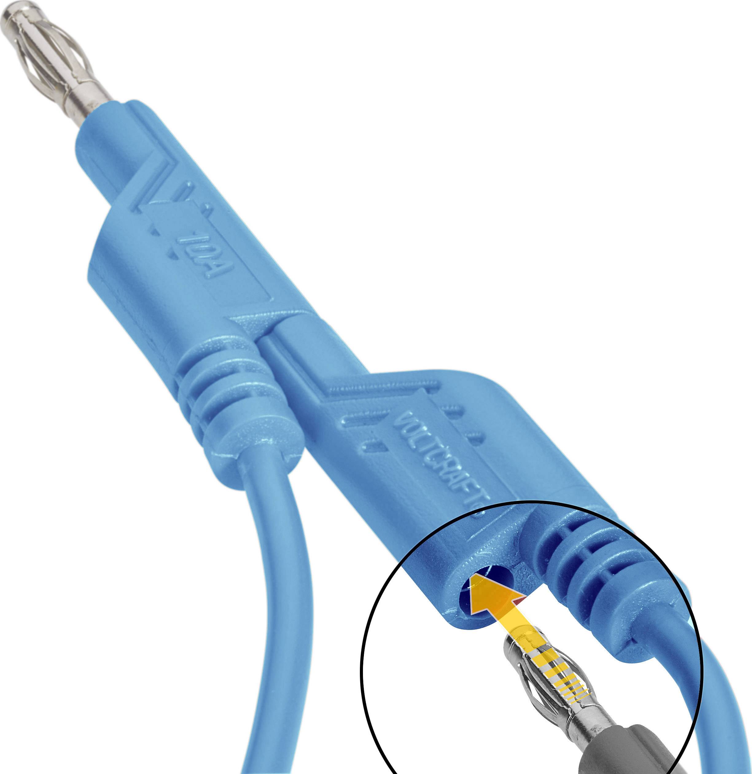 Blaue Bananenstecker mit Silberkontakt, verbunden durch ein Kabel. Ein kleines Detail zeigt die Kontaktverbindung.