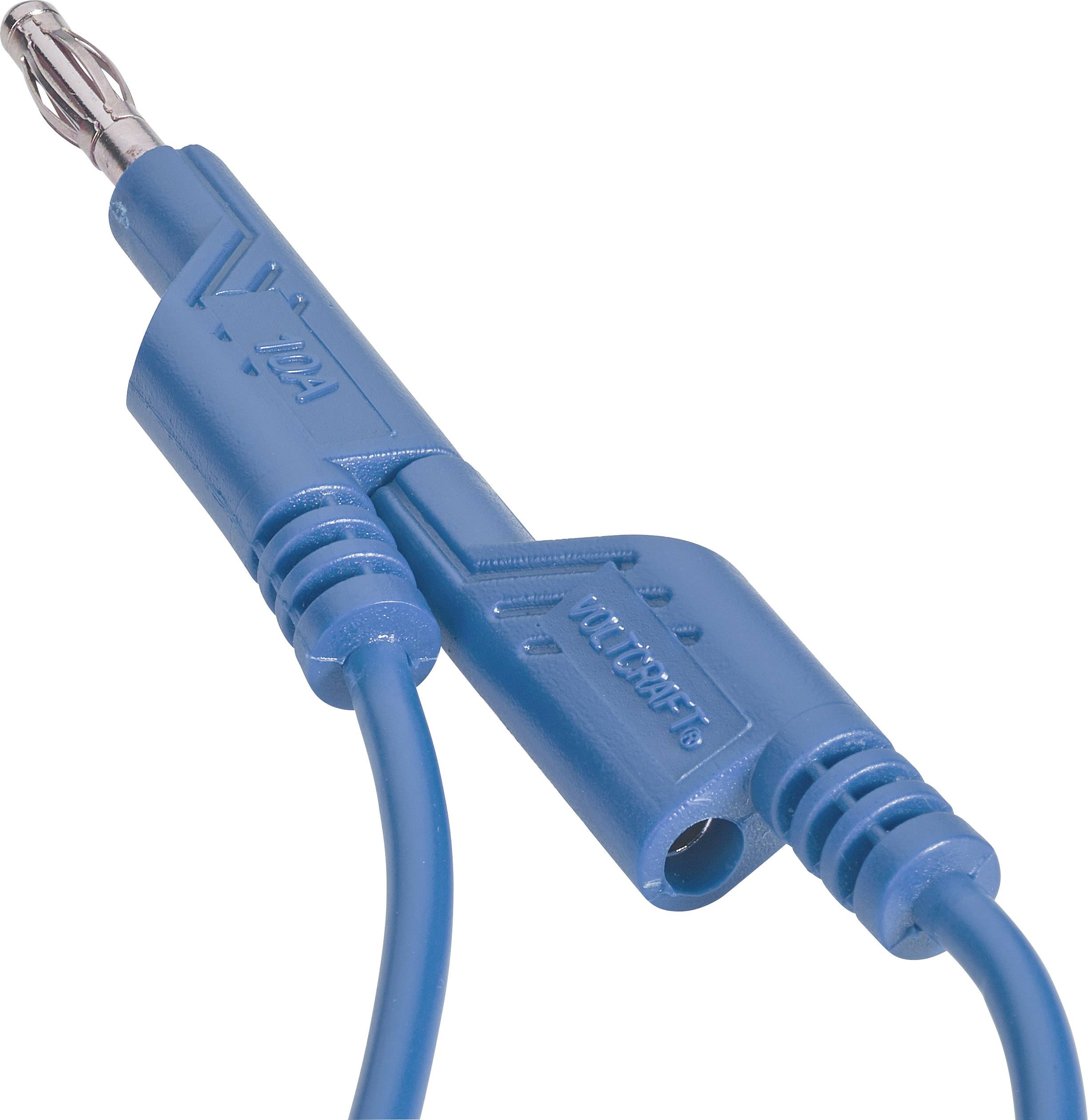 Blauer Bananenstecker mit Kabel, häufig verwendet in Elektronik für Testverbindungen. Markierungen auf dem Stecker sind sichtbar.