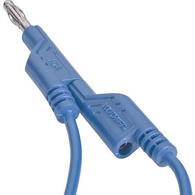 Blauer Bananenstecker mit Kabel, häufig verwendet in Elektronik für Testverbindungen. Markierungen auf dem Stecker sind sichtbar.