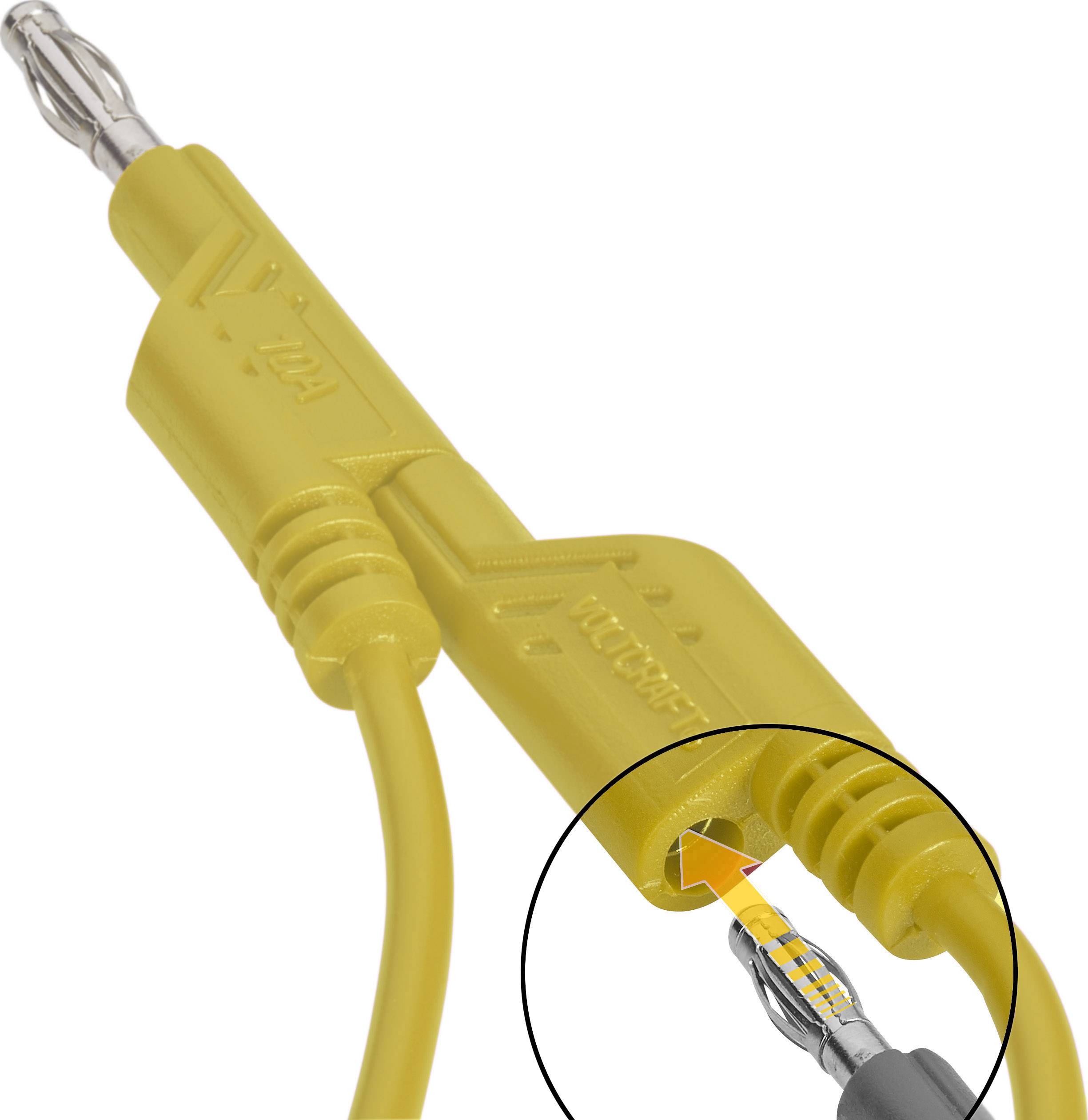 Gelbes Kabel mit Bananenstecker, Nahaufnahme. Ein schwarzer Kreis hebt den Bereich hervor, wo der Stecker und das Kabel verbunden sind.