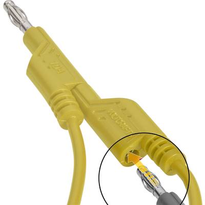 Gelbes Kabel mit Bananenstecker, Nahaufnahme. Ein schwarzer Kreis hebt den Bereich hervor, wo der Stecker und das Kabel verbunden sind.