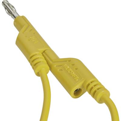 Gelbes Kabel mit Bananenstecker und Buchse, typisches Zubehör für elektrische Verbindungen oder Testgeräte.