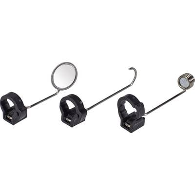 Drei schwarze Halterungen mit langen Metallarmen, jeweils mit einem Spiegel, einem Haken und einem Magnet am Ende. Geeignet für Werkzeughalterung.