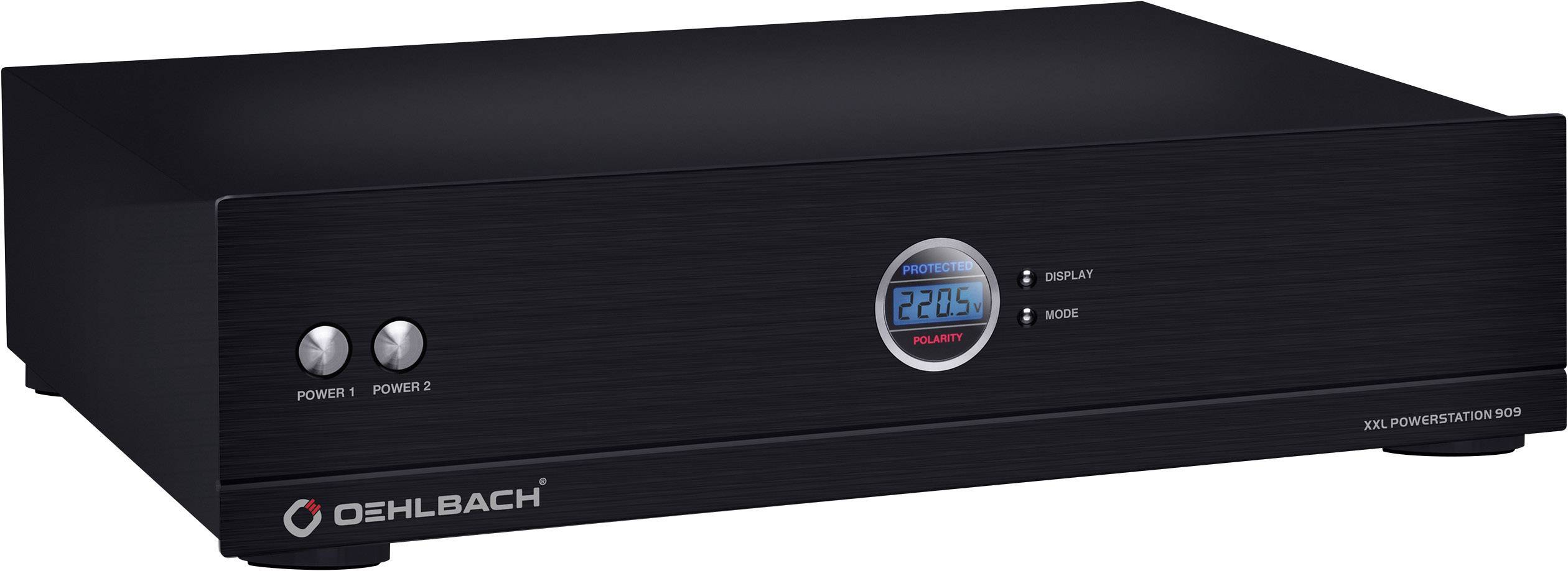 Ein schwarzer elektronischer Powerstation-Gerät mit Digitalanzeige zeigt '220.5' an. Zwei Knöpfe sind mit 'Power 1' und 'Power 2' beschriftet.