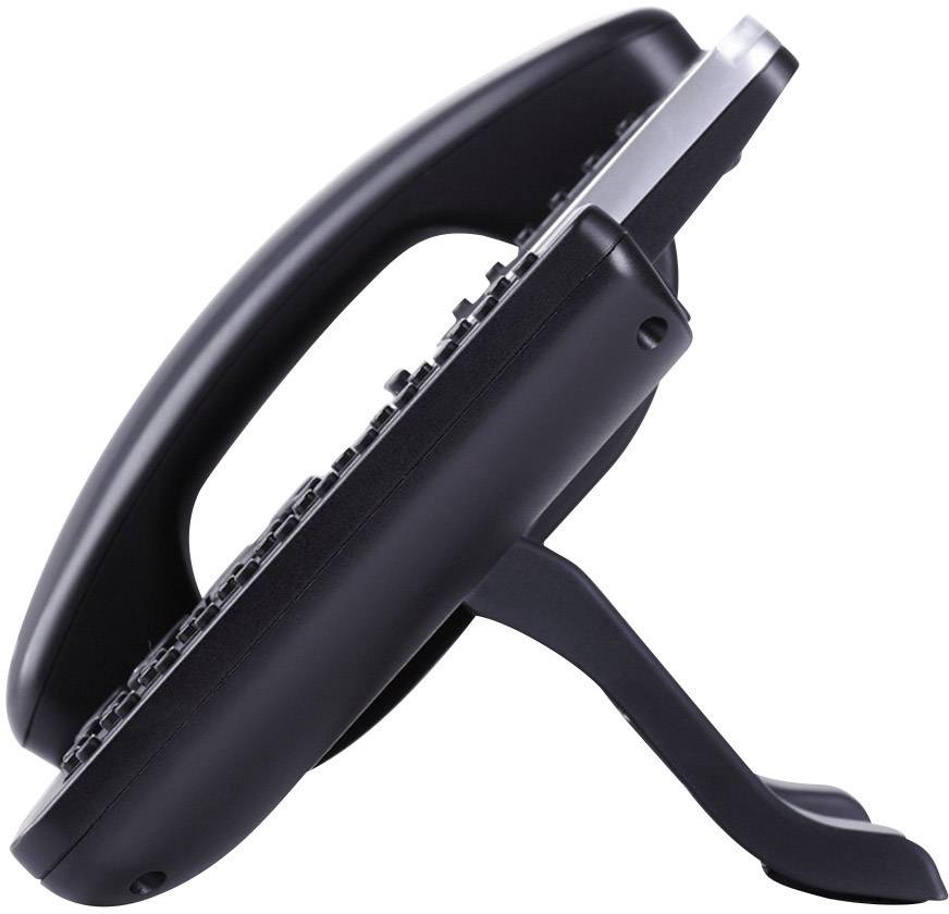 Schwarzes Tischtelefon, seitliche Ansicht, mit Standfuß und Tasten sichtbar.