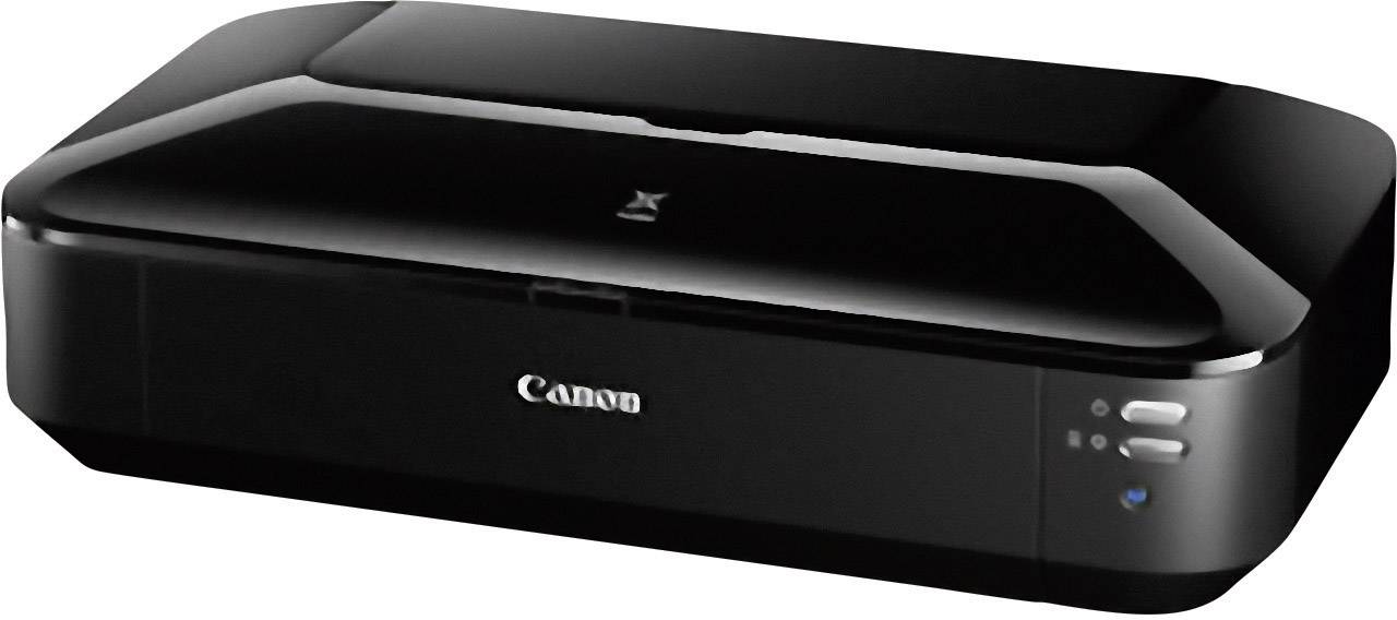 Ein schwarzer Drucker mit glattem Design, vorne mit Bedientasten und Anschlussanzeige. Markenlogo auf der Vorderseite sichtbar.