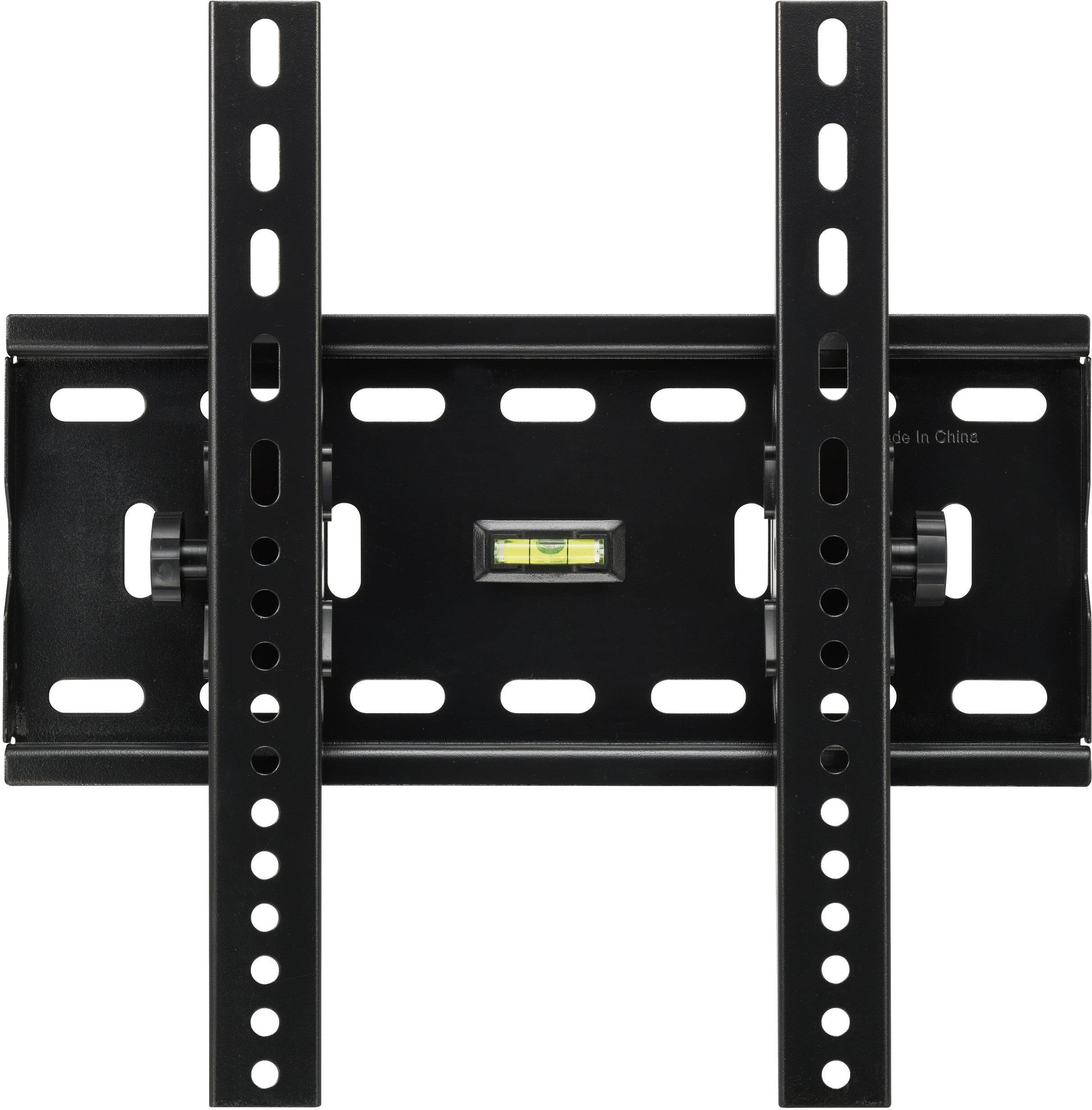 Schwarze TV-Halterung mit eingebauter Wasserwaage, geeignet für die Befestigung an der Wand. Vertikale und horizontale Montageoptionen.