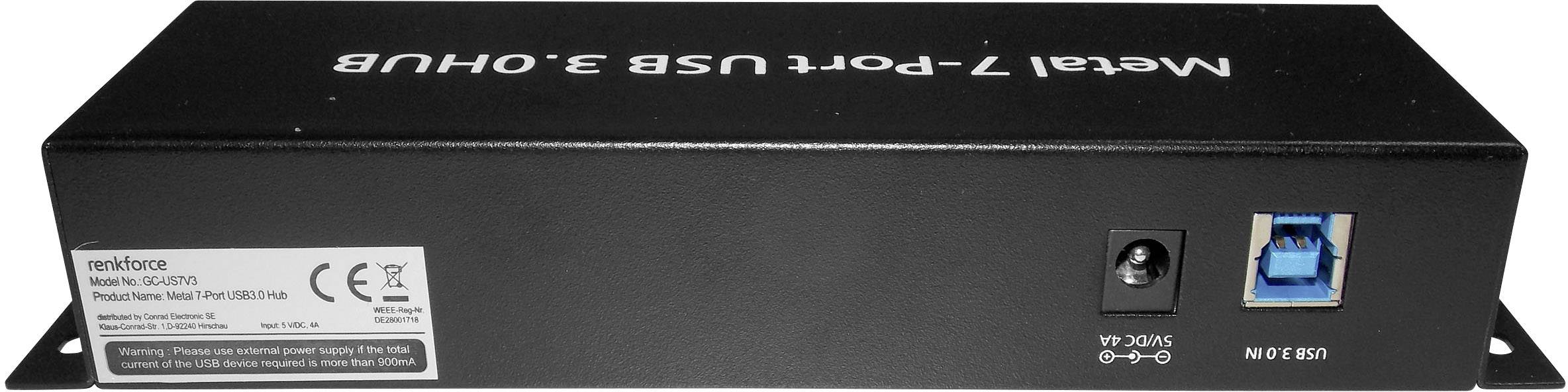 Ein schwarzer metalner USB 3.0-Hub mit sieben Ports. Auf der Vorderseite befinden sich Anschlussbuchsen, eine Netzteilbuchse und ein Ein/Aus-Schalter.