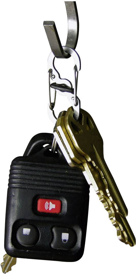 Ein Schlüsselbund mit zwei goldenen Hausschlüsseln und einem schwarzen Autoschlüssel mit Fernbedienung hängt an einem Haken.