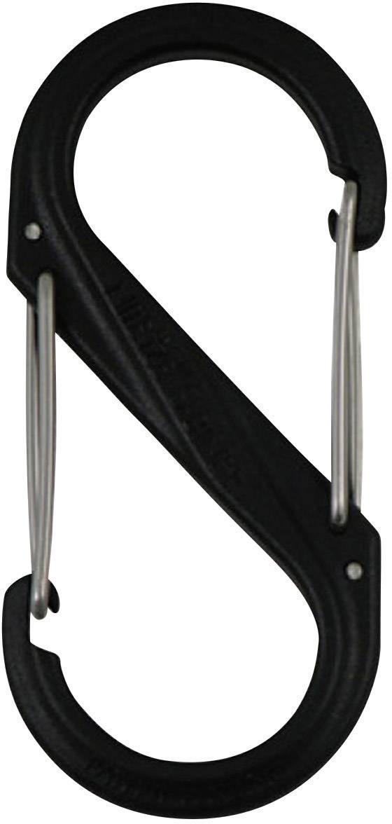 Schwarzer S-förmiger Karabinerhaken aus Metall mit zwei Federverschlussriegeln. Ideal zum Befestigen oder Sichern von Gegenständen.