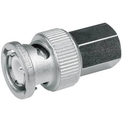 Ein metallischer Adapter mit einem Schraubmechanismus, geeignet für Koaxialkabelverbindungen, wird aus seitlicher Perspektive gezeigt.