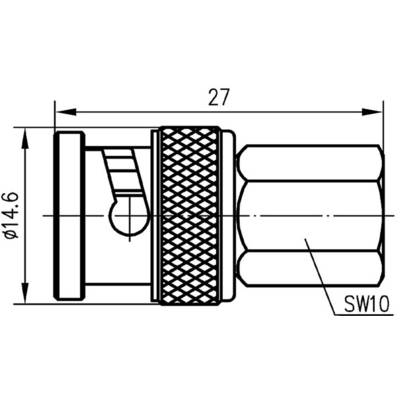 Technische Zeichnung eines zylindrischen Anschlussstücks mit Maßen: Länge 27 mm, Durchmesser 14,6 mm, Schlüsselweite 10 mm.