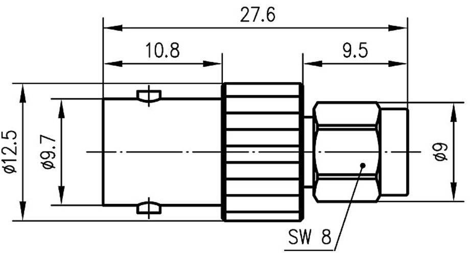 'Technische Zeichnung eines zylindrischen Bauteils mit Abmessungen: Länge 27,6 mm, Durchmesser 12,5 mm, Schlüsselweite 8 mm.'