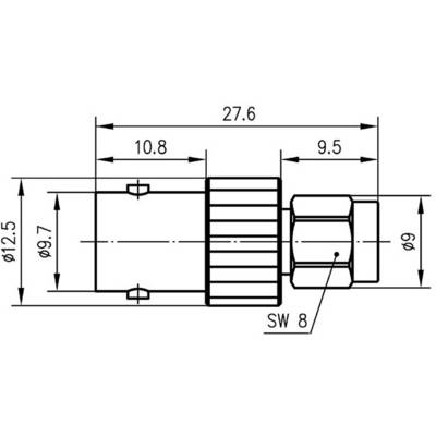 'Technische Zeichnung eines zylindrischen Bauteils mit Abmessungen: Länge 27,6 mm, Durchmesser 12,5 mm, Schlüsselweite 8 mm.'