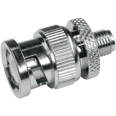Ein silberner Koaxialadapter aus Metall mit geriffeltem Drehverschluss und Schraubgewinde an einem Ende.