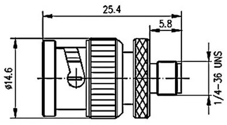 Technische Zeichnung eines Adapters mit Maßen: Durchmesser 14,6 mm, Länge 25,4 mm, Gewindegröße 1/4-36 UNS.
