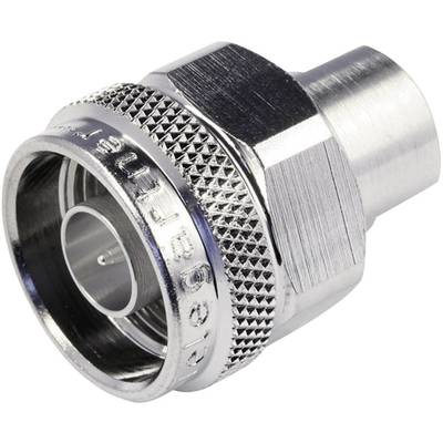 Ein silberner metallischer Koaxialstecker mit geriffeltem Rand und sechseckiger Mutter, verwendet für Kabelverbindungen.