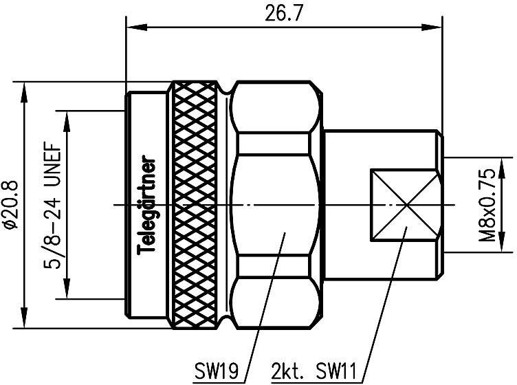 Technische Zeichnung eines Koaxialsteckers mit Maßen: Gesamtlänge 26,7 mm, Außengewinde M8 x 0,75, SW19, SW11 und 5/8-24 UNEF.