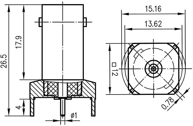Technische Zeichnung eines Motors mit Seiten- und Draufsicht. Maße: Höhe 26,5 mm, Breite 15,16 mm, Tiefe 13,62 mm; Durchmesser unten 12 mm.