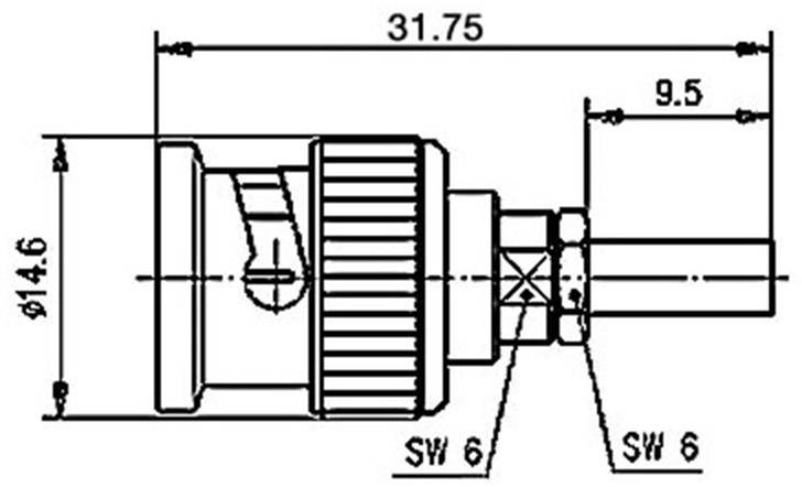 Technische Zeichnung eines Steckverbinders. Maße: Gesamtlänge 31,75 mm, Durchmesser 14,6 mm. Details zu Verbindungselementen und Schraubenschlüsseln (SW 9, SW 6).