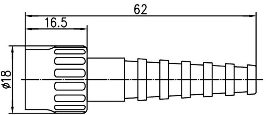 Technische Zeichnung eines Schlauchverbinders mit Noppen und einer Länge von 62 mm. Markierte Maße: 16,5 mm und Durchmesser 18 mm.