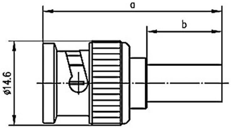 Technische Zeichnung eines zylindrischen Bauteils mit Maßangaben 'a' und 'b'. Der Durchmesser beträgt 14,6 mm.