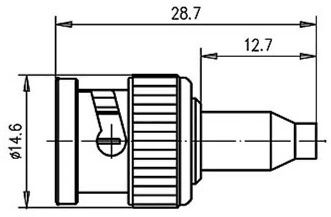 Technische Zeichnung eines Steckverbinders mit Maßen. Gesamtlänge 28,7 mm, Teillänge 12,7 mm, Durchmesser 14,6 mm.
