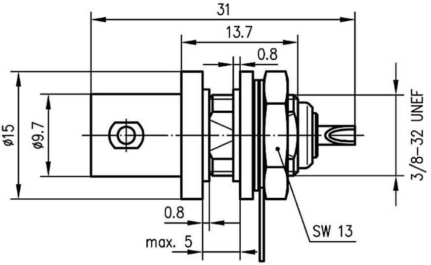 Technische Zeichnung eines Steckers mit Maßen in Millimetern, zeigt verschiedene Durchmesser und Längen, Gewinde '3/8-32 UNEF'.