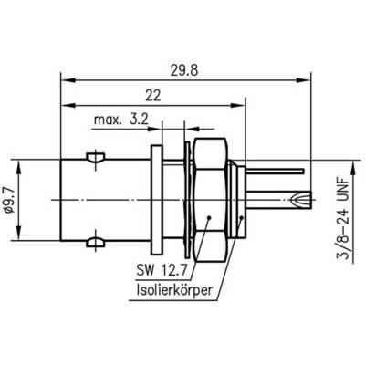 Technische Zeichnung eines Steckverbinders: Länge 29,8 mm, Durchmesser 9,7 mm, Schlüsselweite 12,7 mm, max. 3,2 mm Tiefe.