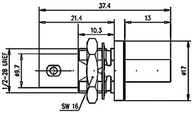 Technische Zeichnung eines zylindrischen Bauteils mit Maßen: Länge 37,4 mm, Durchmesser 17 mm, Gewinde 1/2-28 UNEF.