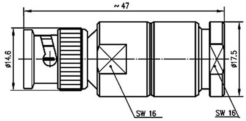 Technische Zeichnung eines Steckverbinders mit Abmessungen: Gesamtlänge ~47 mm, Durchmesser 14,6 mm und 17,5 mm, Schlüsselweite SW 16.