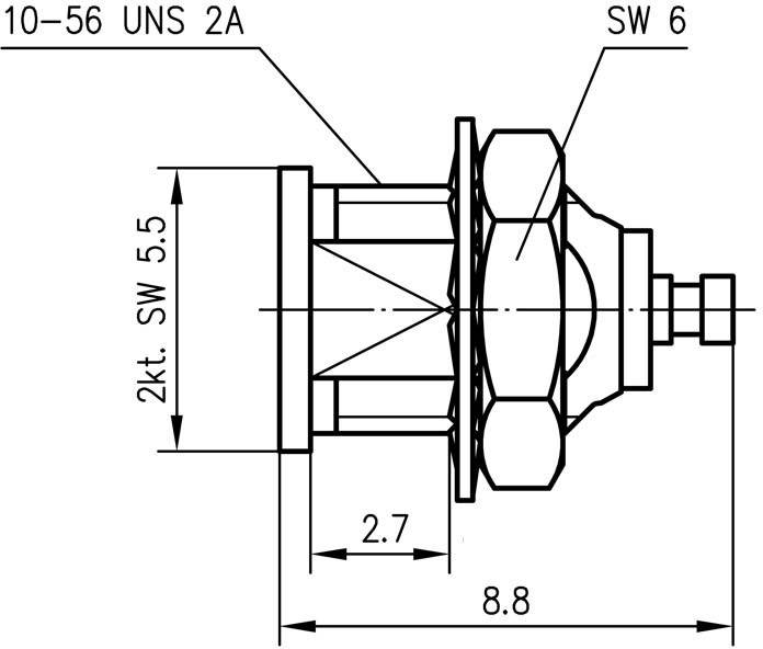 Technische Zeichnung einer Schraubverbindung, zeigt Abmessungen: 10-56 UNS 2A, SW 6, 2kt. SW 5.5, sowie Längen 8.8 und 2.7.