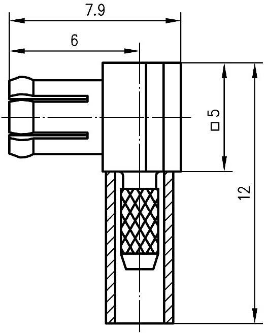 Technische Zeichnung eines Steckers mit Maßangaben: 7,9 mm Breite, 6 mm Länge, 5 mm Hebel, 12 mm Gesamthöhe. Seitenansicht.